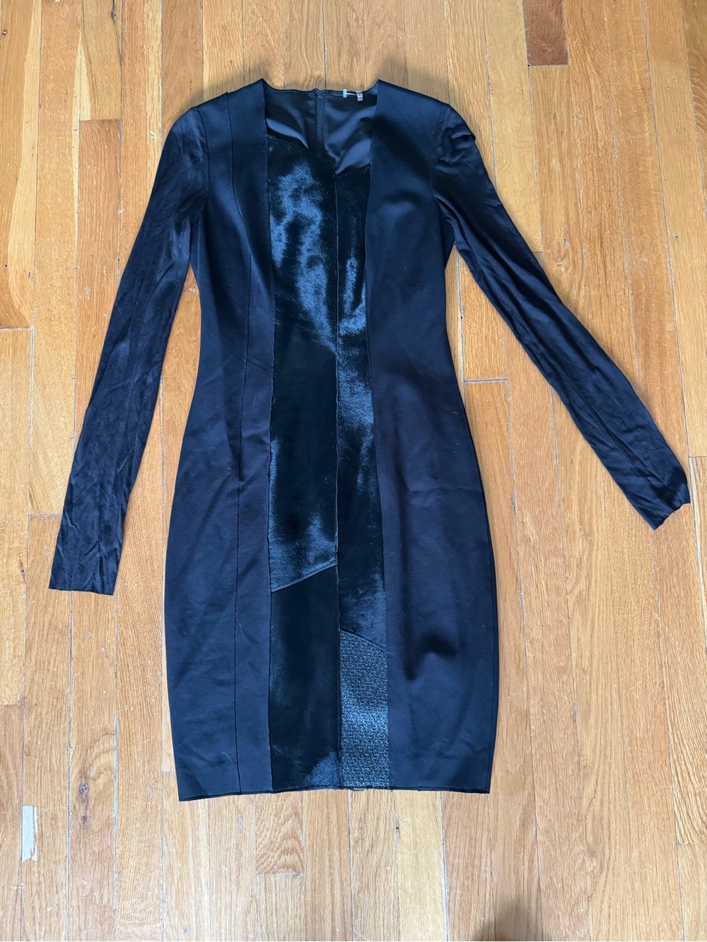 Elie Tahari Black Long Sleeve Sheath Dress with Textured Center Panel